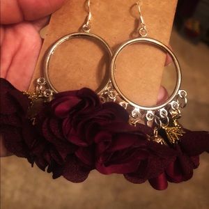 Burgandy Hoop Flowered Earrings Dangly